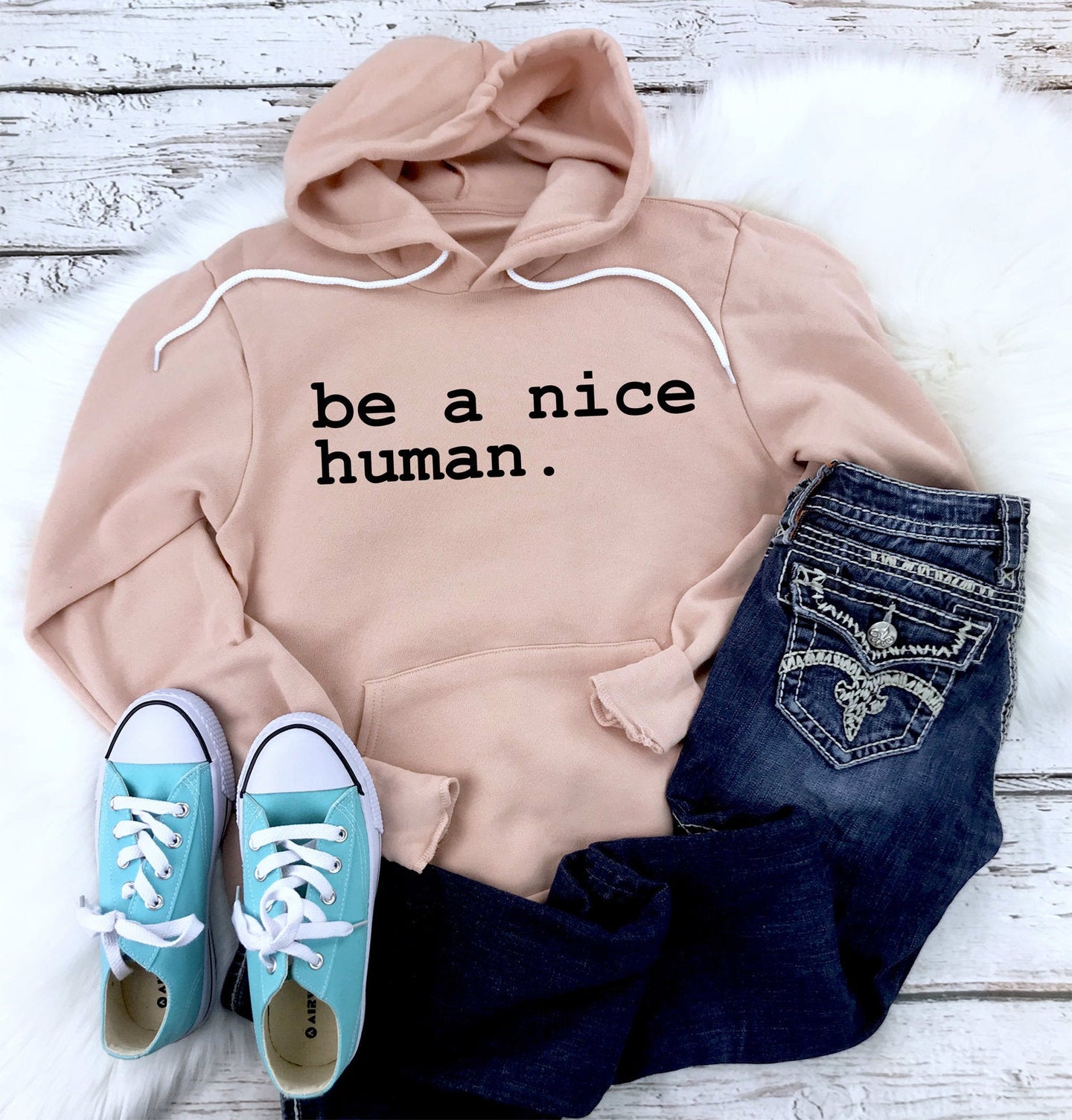 LoveMighty Apparel Be A Nice Human Hoodie Peach WHT Ltrs M